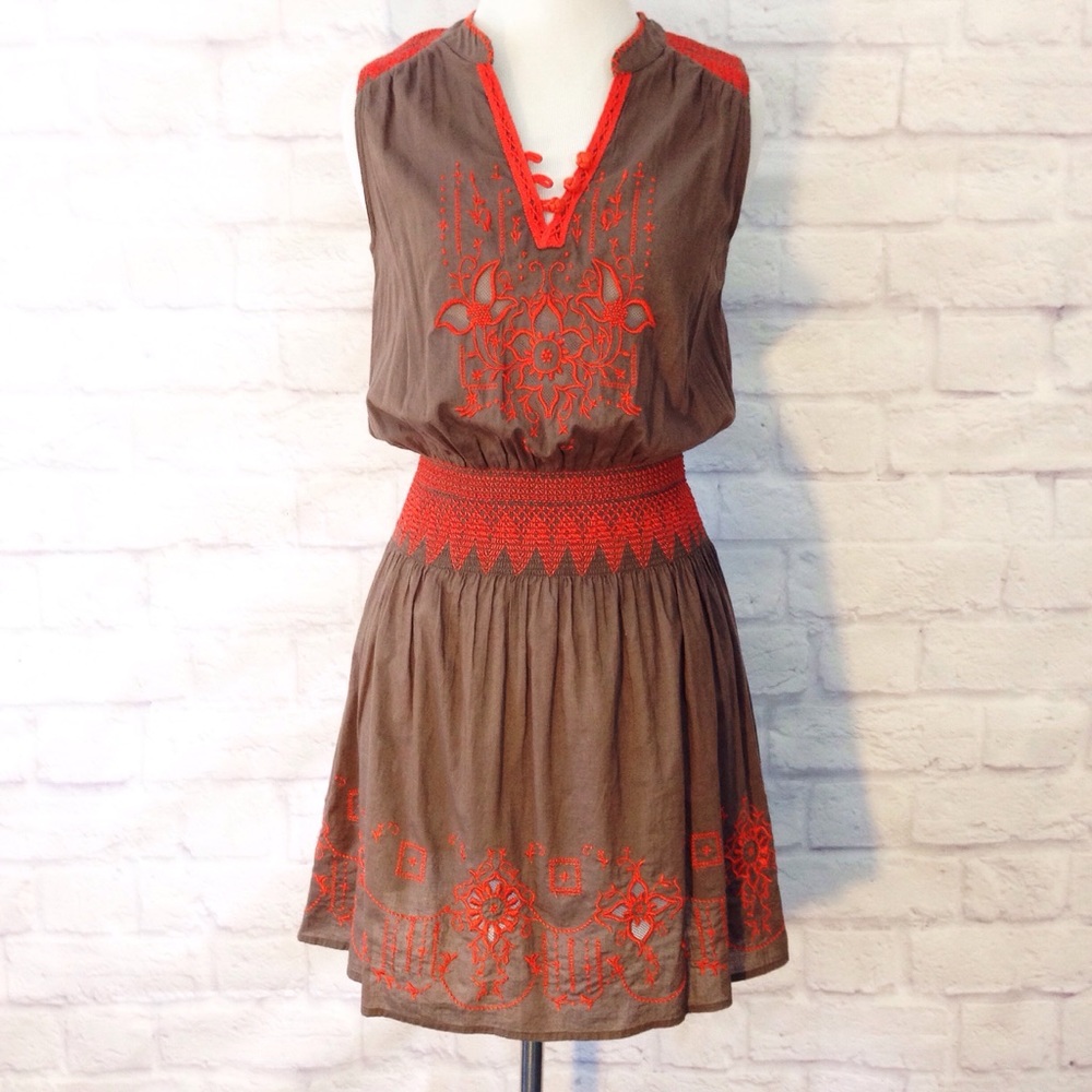 Free People Brown Mini Dress with Red Embroidery